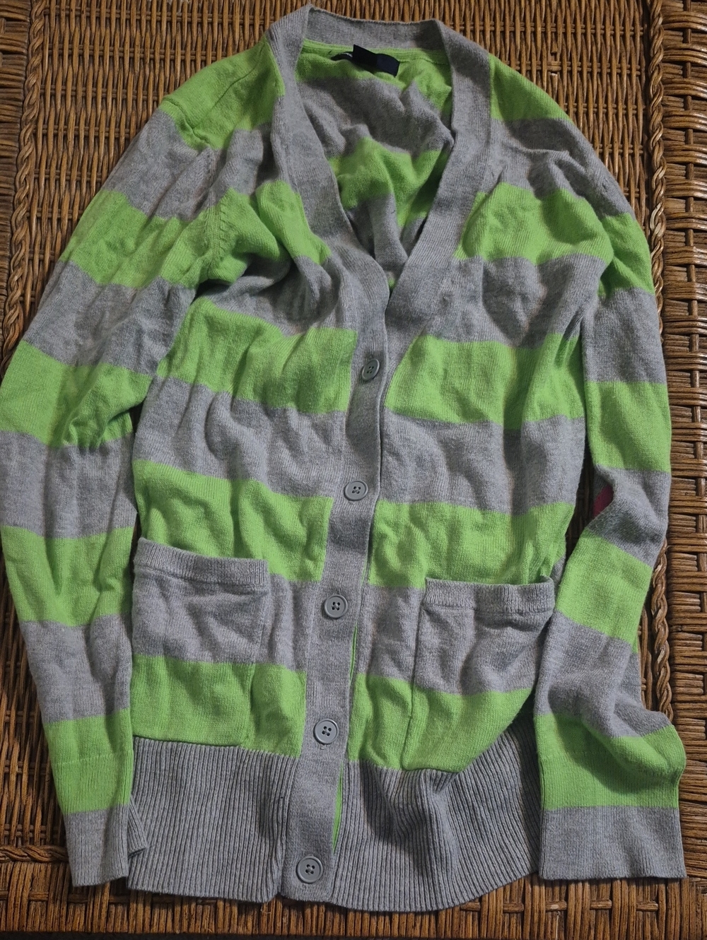 GAP Gray and Lime Green Striped Button-Front Cardigan